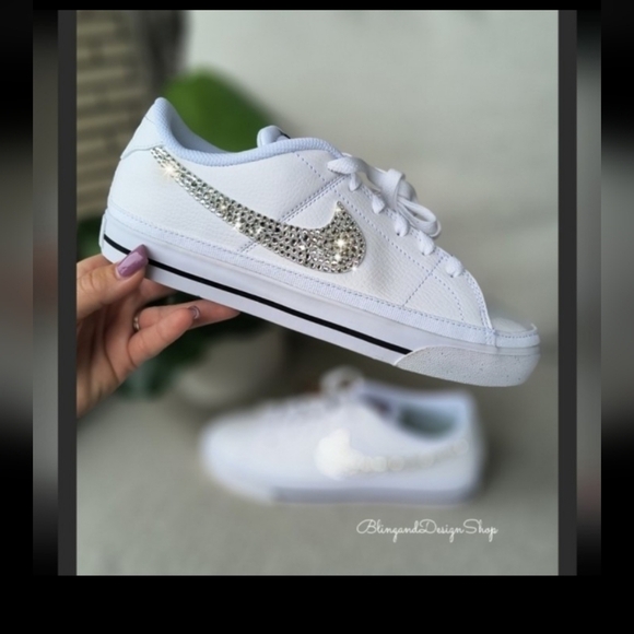 Nike Shoes - Bling Nike Women's Court Legacy White Sneakers Shoes Customized with Crystals